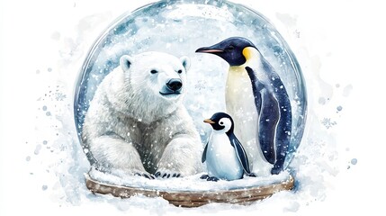 Polar Bear Penguin Snow Globe Winter Wonderland Scene