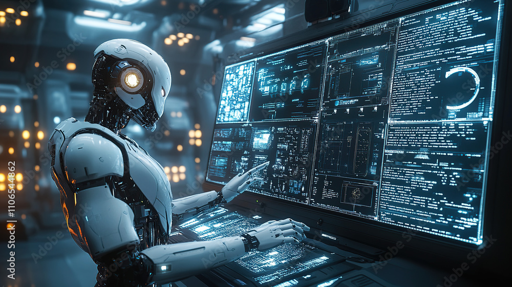 Aufkleber a humanoid robot is working on a computer, in a futuristic style with a white color tone