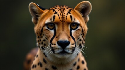 Fototapeta premium A striking close-up of a cheetah, focusing on its face, unique markings, and powerful gaze, with a blurred background that enhances its beauty and intensity.