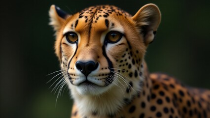 Fototapeta premium A striking close-up of a cheetah, focusing on its face, unique markings, and powerful gaze, with a blurred background that enhances its beauty and intensity.