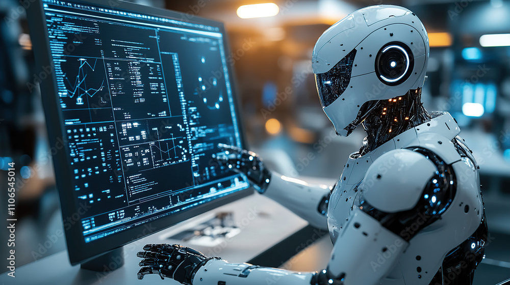 Poster a humanoid robot is working on a computer, in a futuristic style with a white color tone
