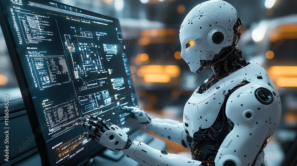 Aufkleber a humanoid robot is working on a computer, in a futuristic style with a white color tone