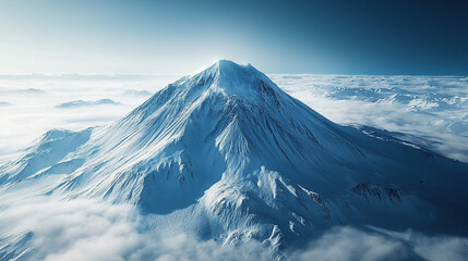 Aerial view of a snow-covered volcano Snow-capped peaks against the sky, with smoke rising from its peak