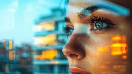 Close-up view of a person's eye reflecting a modern building in natural light