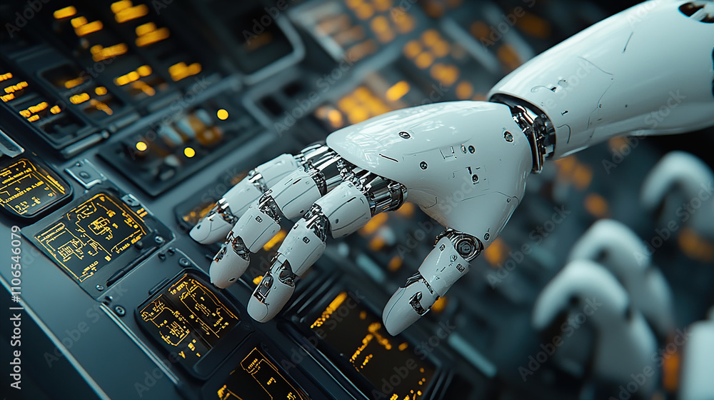 Aufkleber a humanoid robot is working on a computer, in a futuristic style with a white color tone