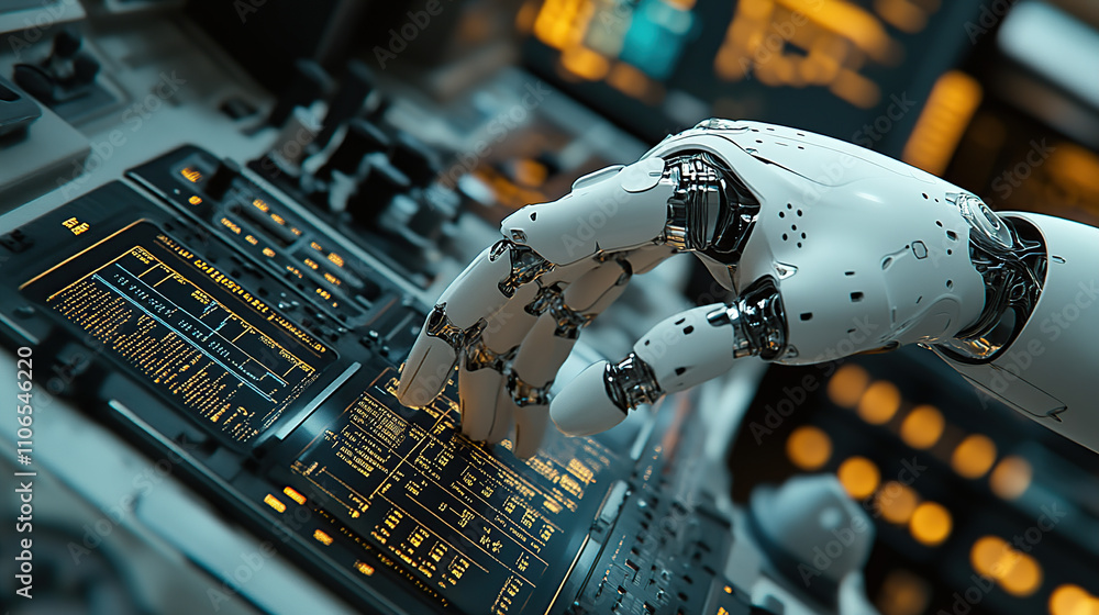 Poster a humanoid robot is working on a computer, in a futuristic style with a white color tone