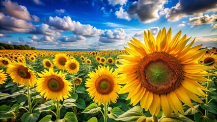 Fototapeta premium A Stunning Portrait of Sunflowers Blooming in a Vast Summer Field Under a Bright Blue Sky, Capturing the Beauty of Nature's Vibrant Colors and Serenity