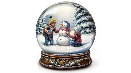 Children Building Snowman Inside Winter Snow Globe