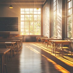 Bright and airy classroom setting with neatly arranged wooden desks and chairs a chalkboard filled with writing and warm natural light streaming through large windows