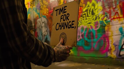 A tattooed individual holds a handmade sign reading 'Time for Change' against a vibrant graffiti background.