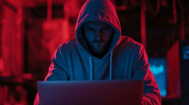 A man wearing a hooded sweatshirt looks intently at his laptop.