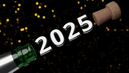 3d rendering of cork popping out of champagne bottle with metallic lettering saying "2025" in the middle with glittering confetti in the background, new year 2025.