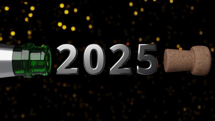 3d rendering of cork popping out of champagne bottle with metallic lettering saying "2025" in the middle with glittering confetti in the background, new year 2025.