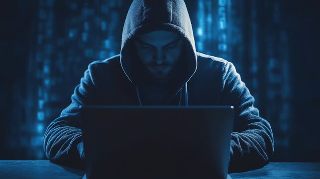 A hooded man sits in front of a laptop, typing.