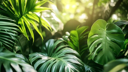 A closeup of lush green tropical leaves.