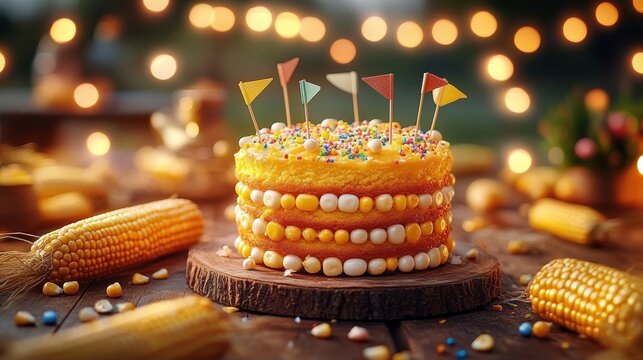 Vibrant Yellow Corn Cake with Festive Decorations at a June Festival on Rustic Wooden Table