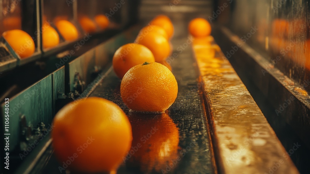 Poster oranges roll down a conveyor belt in a processing facility. workers prepare the fruit for juicing, e