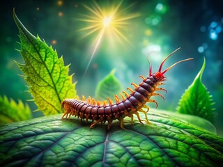 A Surreal Close-Up of a Poisonous Centipede Crawling on a Vast Green Leaf, Highlighting Its Many Legs Against a Dreamlike Forest Background