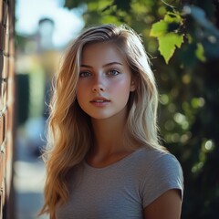 Fototapeta premium Natural portrait of a young woman with long blonde hair, soft expression.