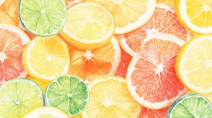 Watercolor Painting of Sliced Citrus Fruits: Lemons, Limes, and Grapefruits