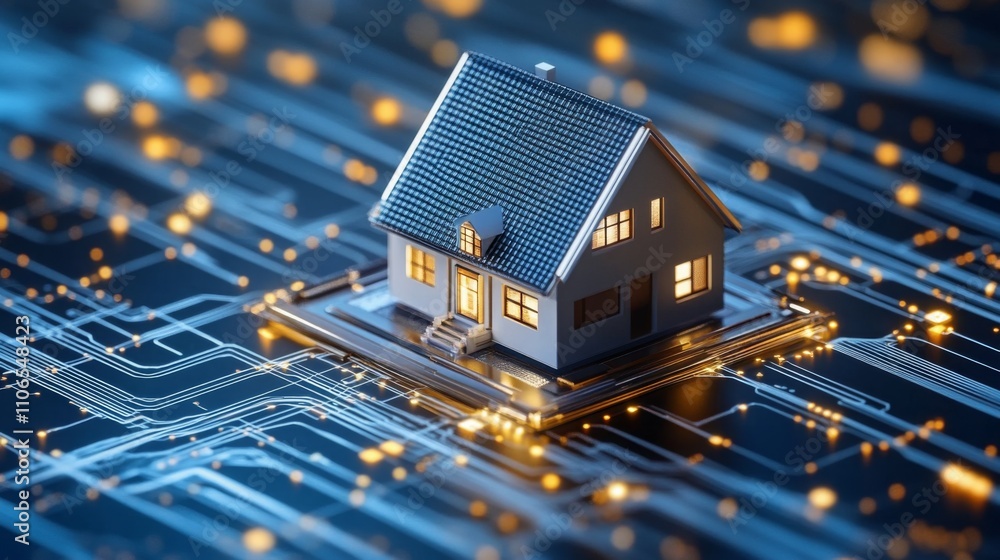 Poster a modern house sits atop a circuit board, symbolizing the integration of real estate and digital tec