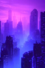 Futuristic cityscape with tall skyscrapers enveloped in neon purple haze and glowing lights at dusk, creating a cyberpunk ambiance