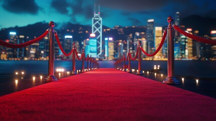 Obraz premium A red carpet with velvet ropes leads to a cityscape at night.