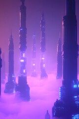 Majestic cyber towers piercing through thick pink and purple clouds, illuminated with intricate neon patterns in a futuristic world