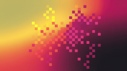 A vibrant abstract composition featuring pixelated patterns in warm hues of yellow, orange, and pink transitioning to deep black.