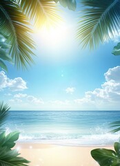 Obraz premium Tropical Beach Scene with Sunlight Palm Leaves and Ocean Waves