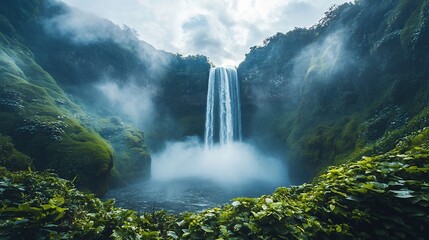 Fototapeta premium Majestic waterfall cascading amidst lush verdant foliage and misty ethereal atmosphere in a serene and captivating natural landscape The power and beauty of this untamed