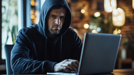 A man wearing a black hoodie sits in front of a laptop,  focused on his work.