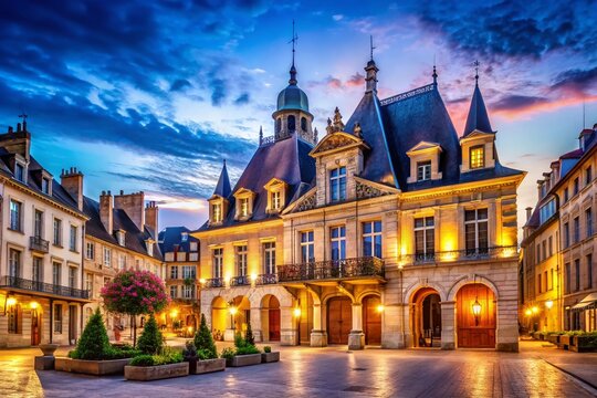 Atmospheric Low Light Photography of the Historic Roanne Hotel de Ville in France, Showcasing Its Architectural Elegance and Serene Ambiance at Dusk
