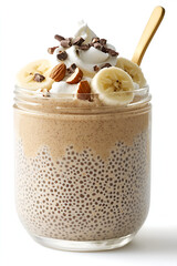 Healthy Chia Pudding and Peanut Butter Dessert in a Glass Jar