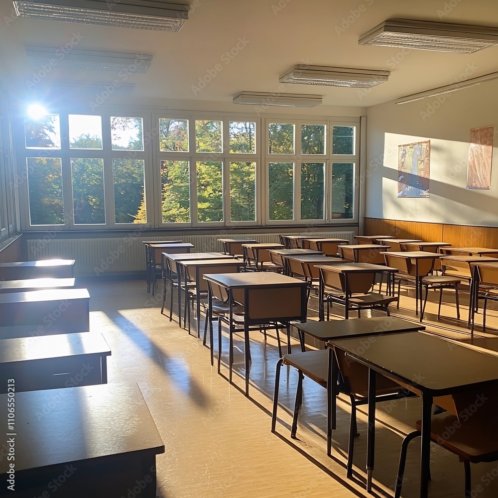 Poster Peaceful and Organized Classroom Environment with Sunlight Pouring Through the Windows Highlighting the Calm and Inviting Atmosphere Perfect for Learning and Studying