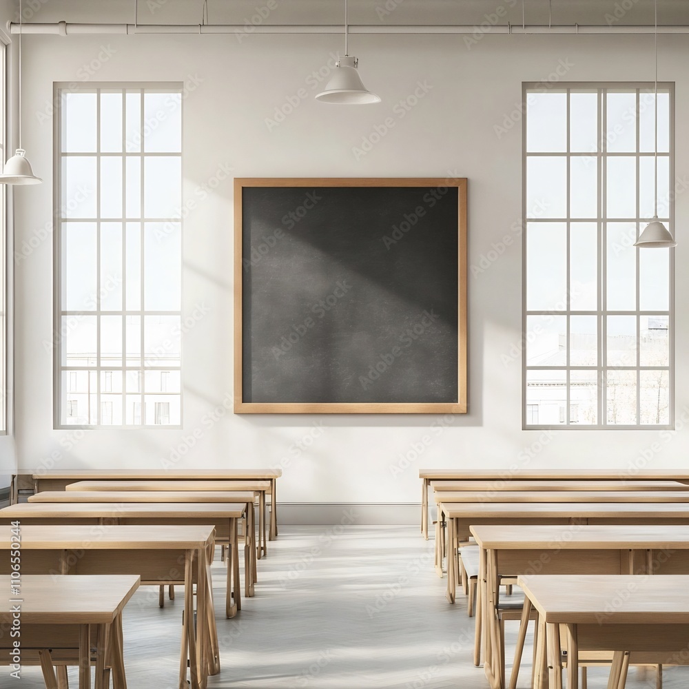 Poster peaceful and organized minimalist classroom setting with chalkboard as the focal point and soft natu