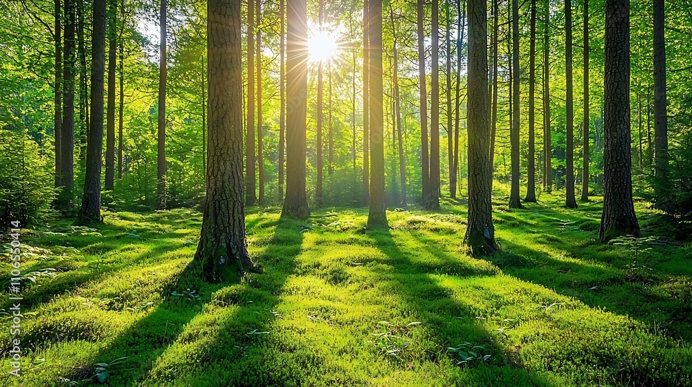 Poster peaceful forest scene with sunlight streaming through the trees creating a lush serene atmosphere am
