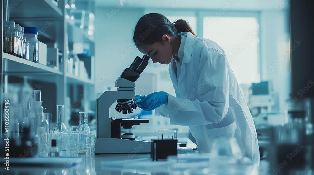 Poster a scientist in a lab coat looks through a microscope at a slide.