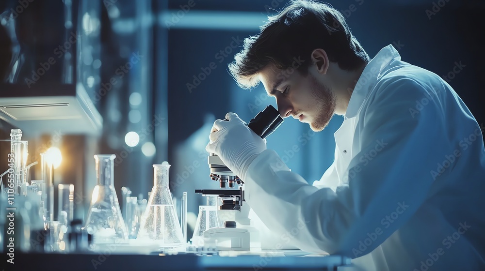 Poster a scientist in a lab coat looks through a microscope at a slide.