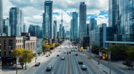 Elevated view of a city street with skyscrapers and traffic under a partly cloudy sky.