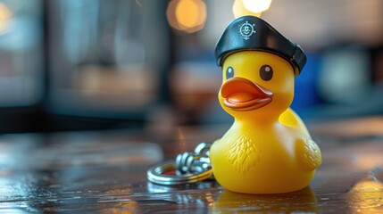 A rubber duck wearing a police cap sits on a table, showcasing playful design.
