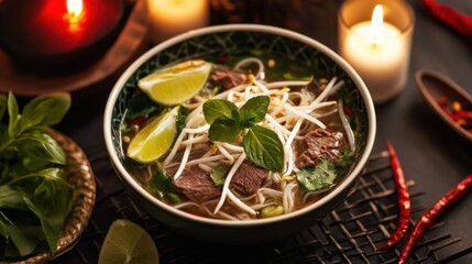 A bowl of aromatic beef pho garnished with bean sprouts and lime wedges, Pho in bowl, Soft candlelight creating an intimate ambiance