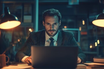 Focused businessman working late at night. Concept of dedication, hard work, and late night productivity.