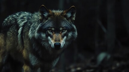 Obraz premium A close-up of a wolf staring directly at the camera in a dark forest setting.