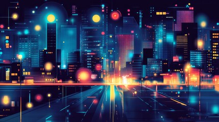 Naklejka premium Futuristic city skyline at night, illuminated by vibrant neon lights and glowing technological elements.