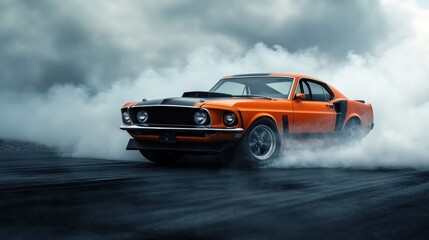 A vintage orange car is driving through a cloud of smoke