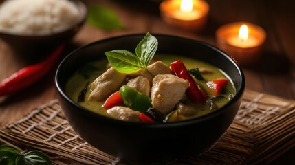 A bowl of aromatic Thai green curry with chicken and vegetables, Curry in bowl, Soft candlelight creating an exotic ambiance