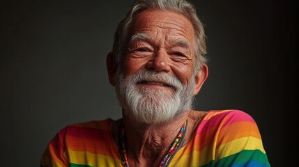 Smiling elderly gay man in rainbow shirt promoting diversity and inclusion in the older population