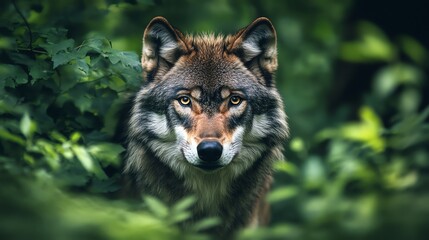 Obraz premium A wolf stares intently at the camera from behind a screen of green leaves.