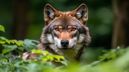 Obraz premium Close-up portrait of a wolf in the forest, looking directly at the camera.